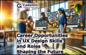 This image showing a creative work space and featuring a modern and dynamic UX design environment with fresh colors. By Samareh Ghaem Maghami, Cademix Magazine.