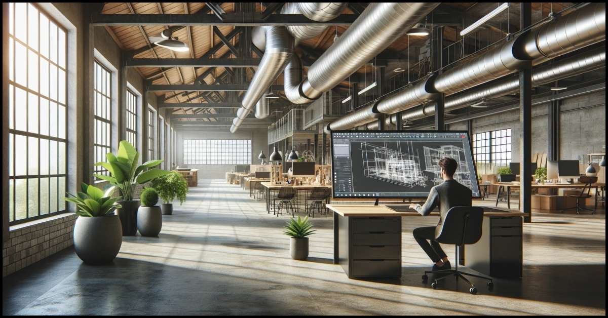 A modern industrial design studio featuring an open space with high ceilings and exposed ductwork, where a designer is using CAD software on a large screen.