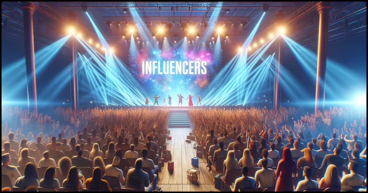 This image, depicting a vibrant and well-lit stage at a large influencer event with the audience's excited reaction, is now ready. This visual captures the fame and dynamic interaction between influencers and their audience. By Samareh Ghaem Maghami, Cademix Magazine