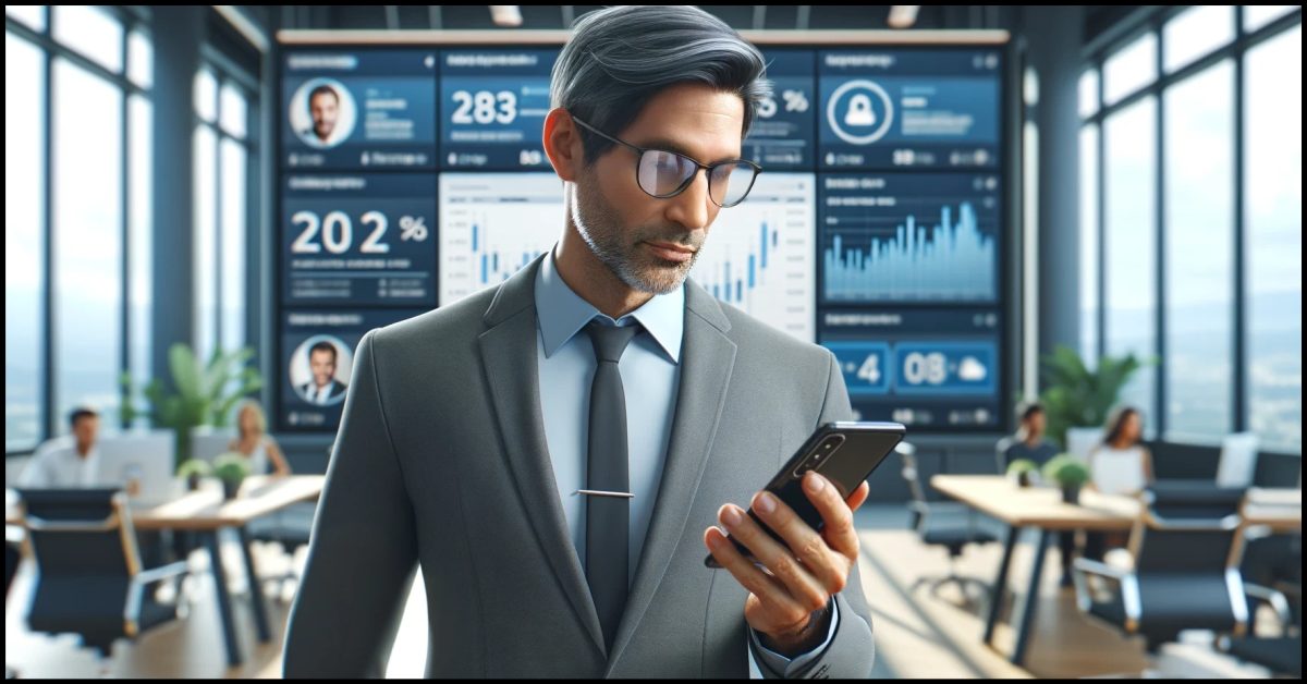 This Image visualize a tall, middle-aged South American man in a modern office setting. This image captures the essence of a digital influencer or marketer at work, engaged with social media analytics. By Samareh Ghaem Maghami, Cademix Magazine.