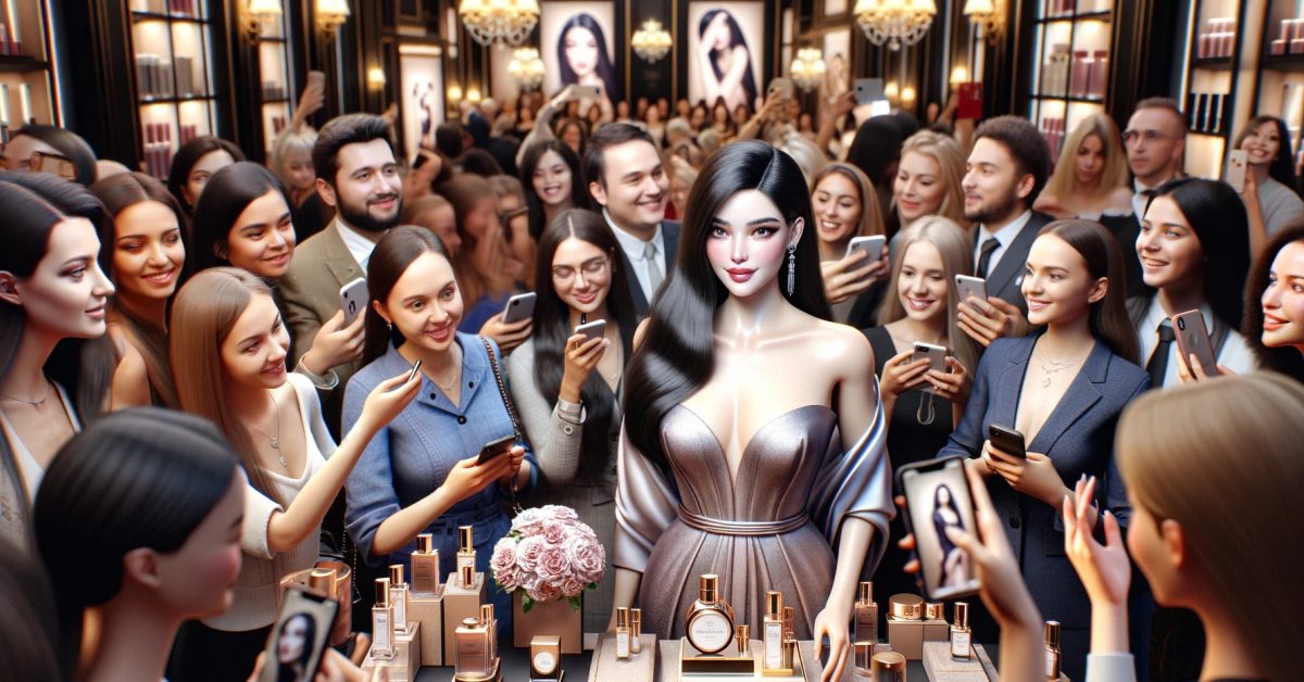 The female influencer with natural Russian facial features and blond hair, enhancing the authenticity of the setting at a luxurious beauty product launch event By Samareh Ghaem Maghami, Cademix Magazine