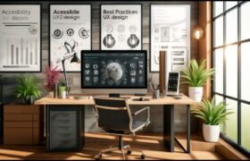 The image of a professional workspace, and the setup highlights a spacious desk with tools and visuals dedicated to UX design accessibility, set in a bright, eco-friendly environment.