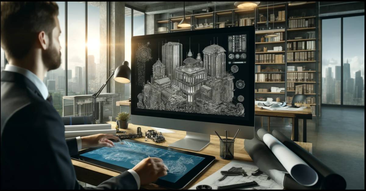 A detailed and visually engaging architectural workspace featuring an architect working on FreeCAD software. The scene includes a large monitor display. By Samareh Ghaem Maghami