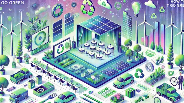 The illustrative image with a cool and modern color palette, focusing on sustainable event planning. It features elements like solar-powered lighting, green energy sources, and eco-friendly activities.