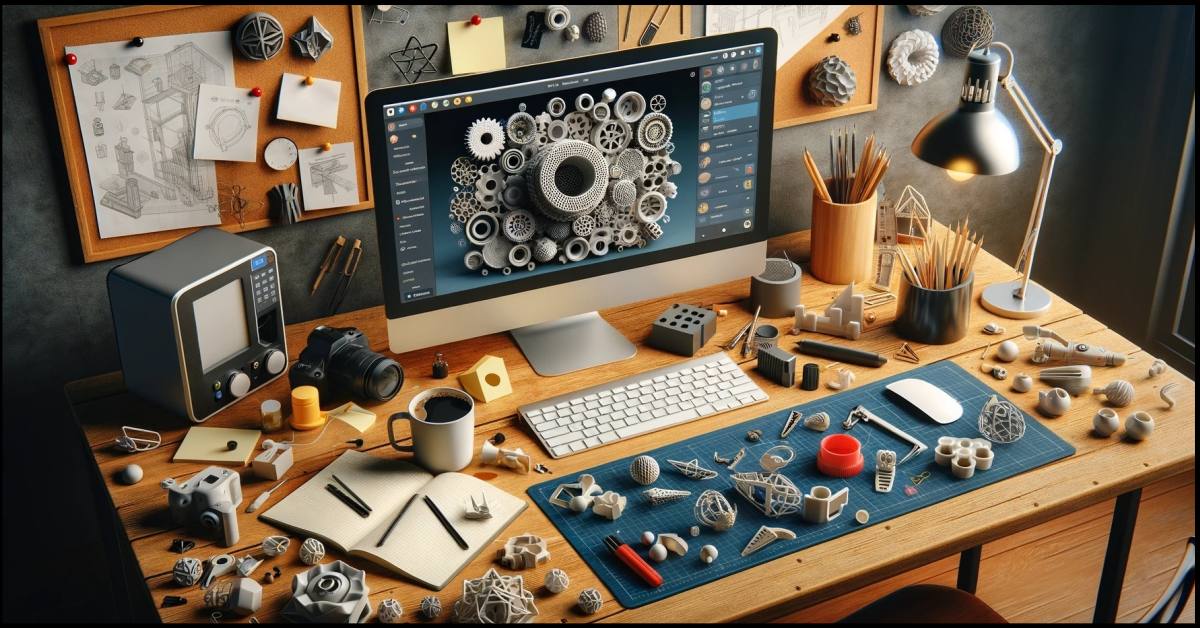 A realistic and detailed horizontal workspace scene showing a busy designer's desk with a computer displaying the TinkerCAD by SAmareh Ghaem Maghami