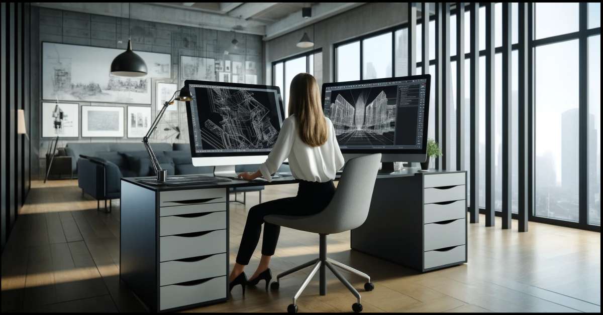 A sleek and modern architectural office environment, featuring a young female architect design