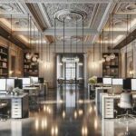 Here is another image of an architectural office that seamlessly blends traditional and modern elements. This design features stone accents and polished concrete floors alongside modern technology and simple, elegant furniture, providing a professional yet inviting workspace that reflects the evolution of interior design. The focused keyword is 3D-Planning software.