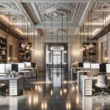 Here is another image of an architectural office that seamlessly blends traditional and modern elements. This design features stone accents and polished concrete floors alongside modern technology and simple, elegant furniture, providing a professional yet inviting workspace that reflects the evolution of interior design. The focused keyword is 3D-Planning software.