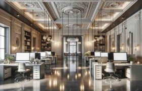 Here is another image of an architectural office that seamlessly blends traditional and modern elements. This design features stone accents and polished concrete floors alongside modern technology and simple, elegant furniture, providing a professional yet inviting workspace that reflects the evolution of interior design. The focused keyword is 3D-Planning software.