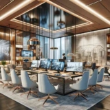 This image showcases a modern client consultation area in an architecture offices, designed to enhance client interaction and presentations with advanced technology and elegant decor.