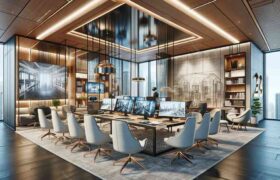 This image showcases a modern client consultation area in an architecture offices, designed to enhance client interaction and presentations with advanced technology and elegant decor.