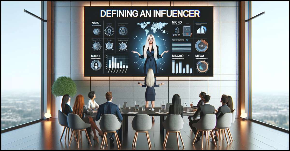 It depicts a stylish conference room where a middle-eastern woman with blond hair is presenting the concept of influencer types—Nano, Micro, Macro, and Mega—to a diverse group of professionals. By Samareh Ghaem Maghami, Cademix Magazine