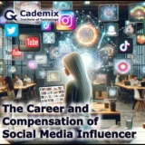 The scene is set in a modern co-working space, with a middle-eastern woman with blond hair engaging on different digital platforms, surrounded by screens displaying logos of Instagram, TikTok, and YouTube. By Samareh Ghaem Maghami, Cademix Magazine