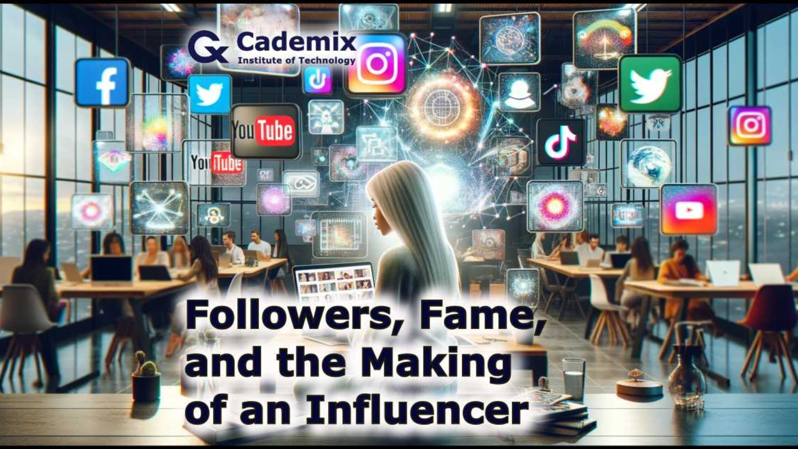The scene is set in a modern co-working space, with a middle-eastern woman with blond hair engaging on different digital platforms, surrounded by screens displaying logos of Instagram, TikTok, and YouTube. By Samareh Ghaem Maghami, Cademix Magazine