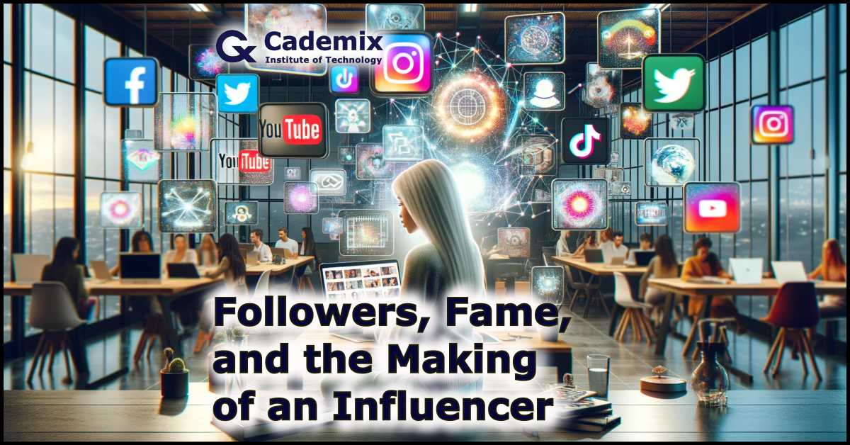 The scene is set in a modern co-working space, with a middle-eastern woman with blond hair engaging on different digital platforms, surrounded by screens displaying logos of Instagram, TikTok, and YouTube. By Samareh Ghaem Maghami, Cademix Magazine