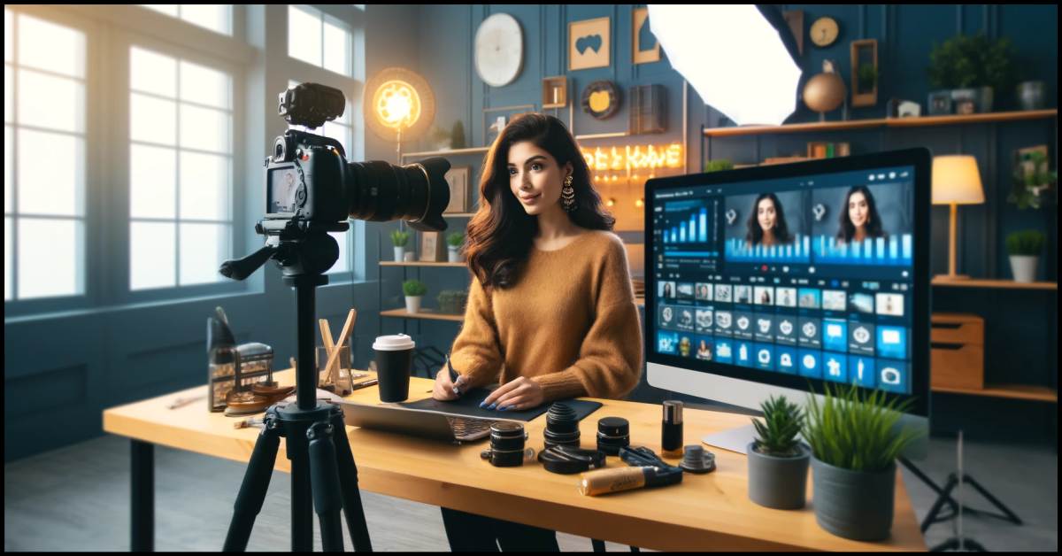 It depicts a modern, vibrant workspace with a young influencer actively engaging with her audience through a live stream, surrounded by professional equipment and showcasing a blend of creativity and technology. By Samareh Ghaem Maghami, Cademix Magazine