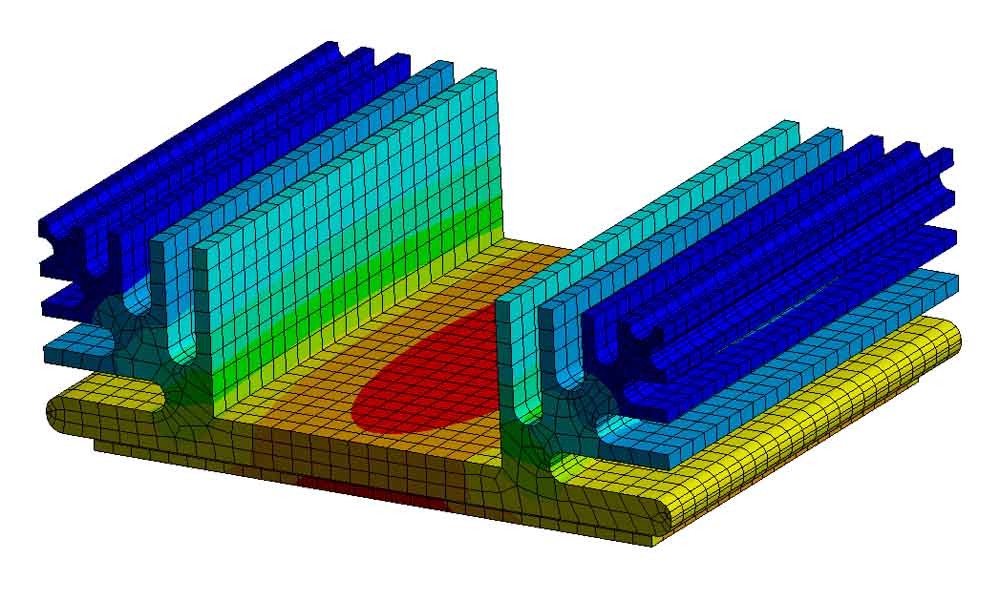 Heat Sink thermal simualtion finite element results with mesh visible