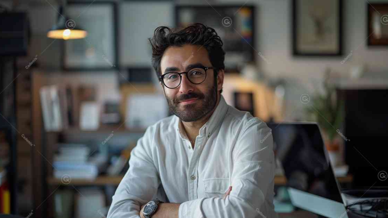 In this picture, you can see a man who is sitting at his desk and is happy with the result of his job interview. International Lawyers