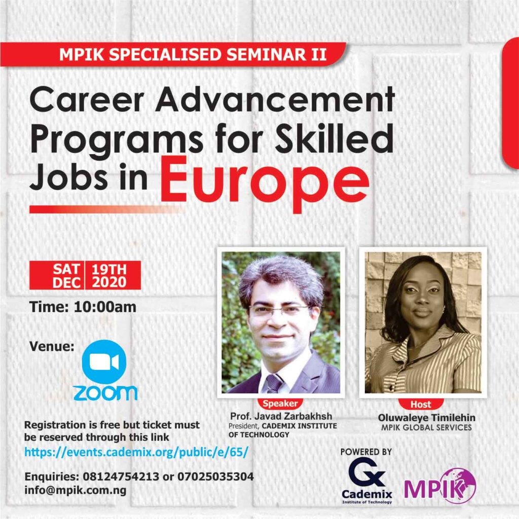 MPIK Cademix Seminar Nigeria Javad Zarbakhsh Zoom Oluwaleye Timilehin Africa Nigeria Ibadan Career Advancement Programs skilled Jobs Europe