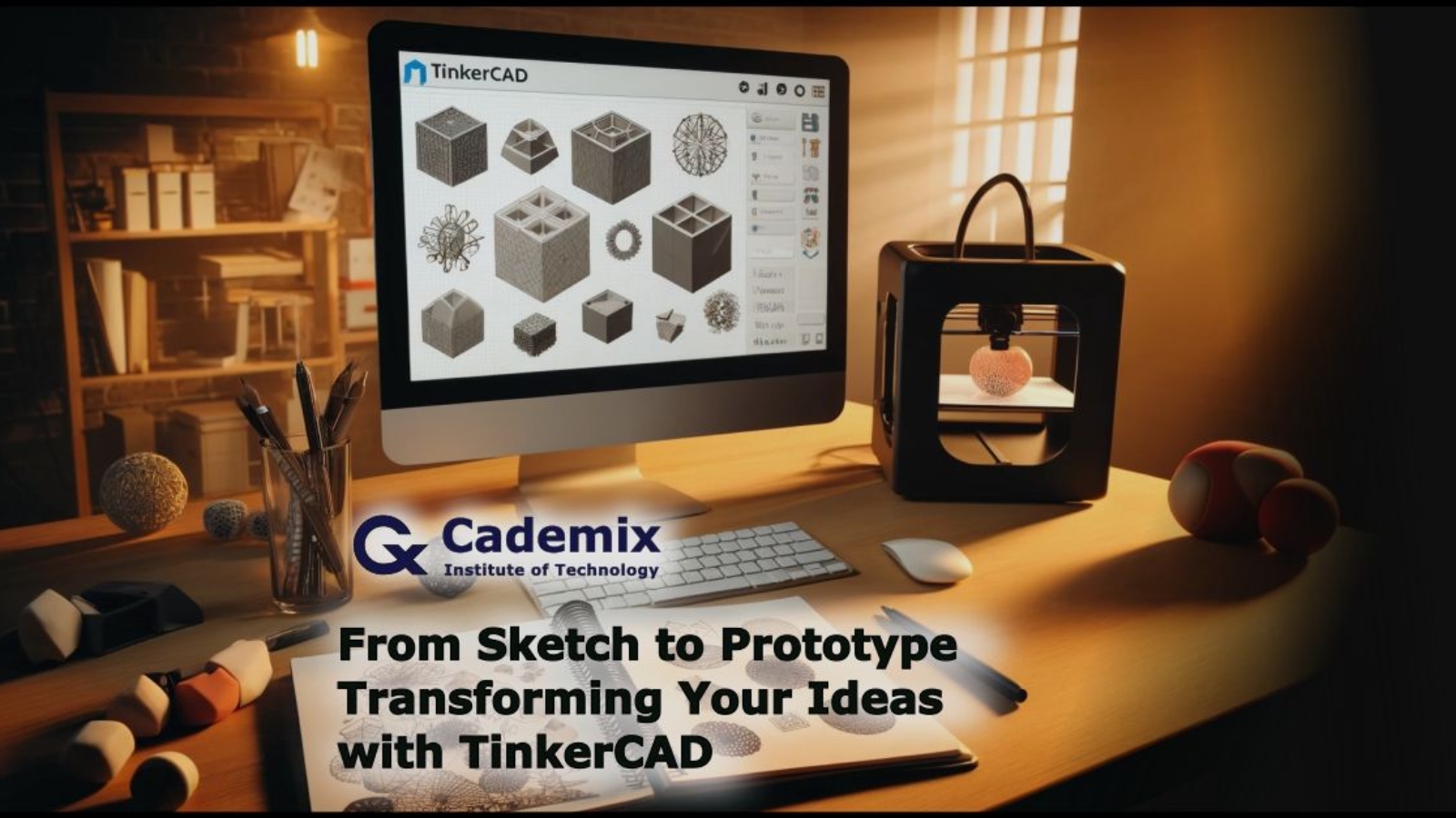 Samareh Ghaem Maghami A realistic and detailed horizontal workspace scene showing a busy designer's desk with a computer displaying the TinkerCAD