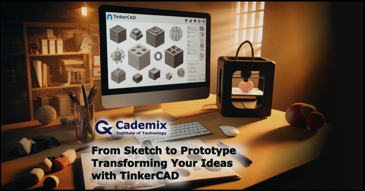 Samareh Ghaem Maghami A realistic and detailed horizontal workspace scene showing a busy designer's desk with a computer displaying the TinkerCAD