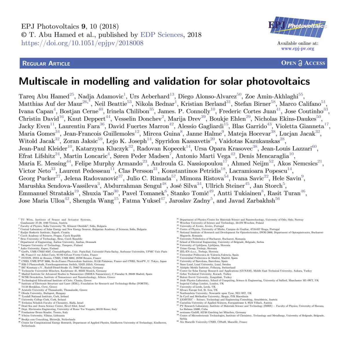 Multiscale Solar COST Action EU Photovoltaic Publication Journal Paper Article 2018 Zarbakhsh