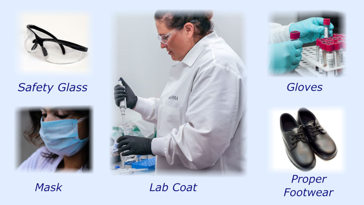 Personal protective equipment (PPE)  such as safety glass, mask, lab coat, gloves, and proper footwear used in chemistry lab