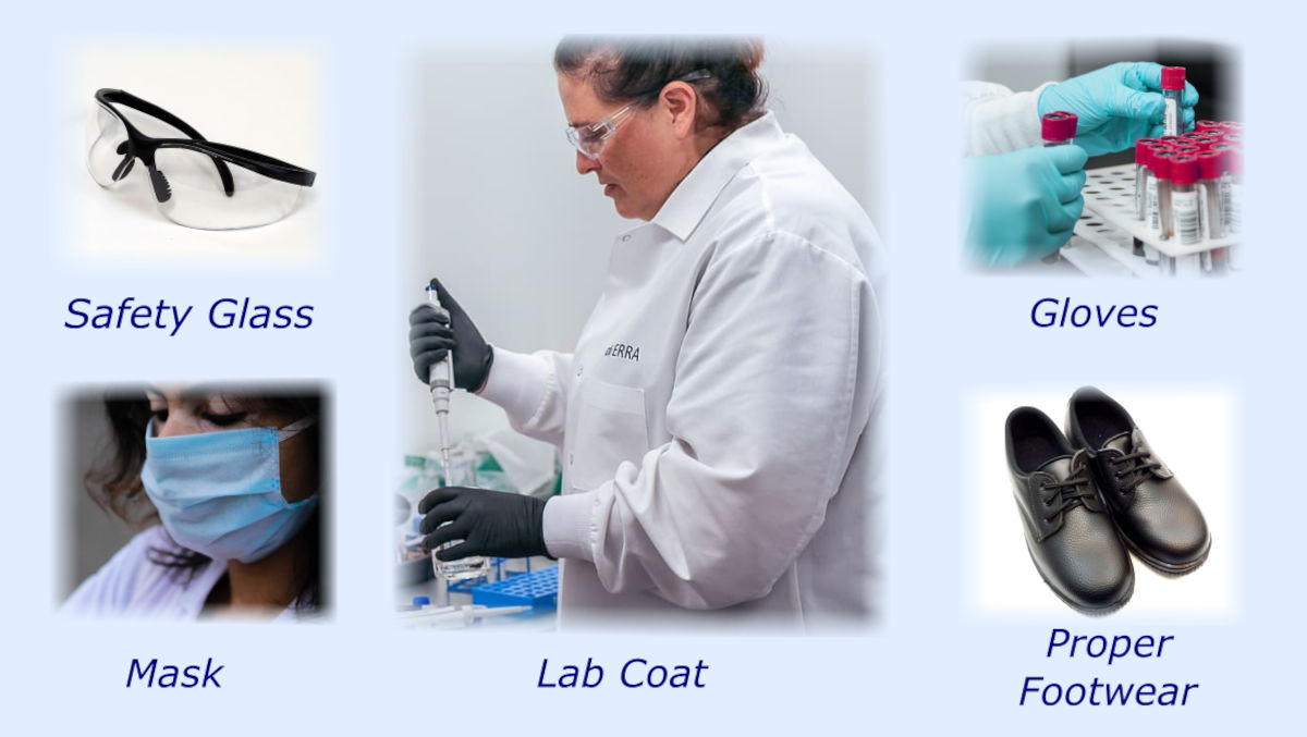 Personal protective equipment (PPE) such as safety glass, mask, lab coat, gloves, and proper footwear used in chemistry lab