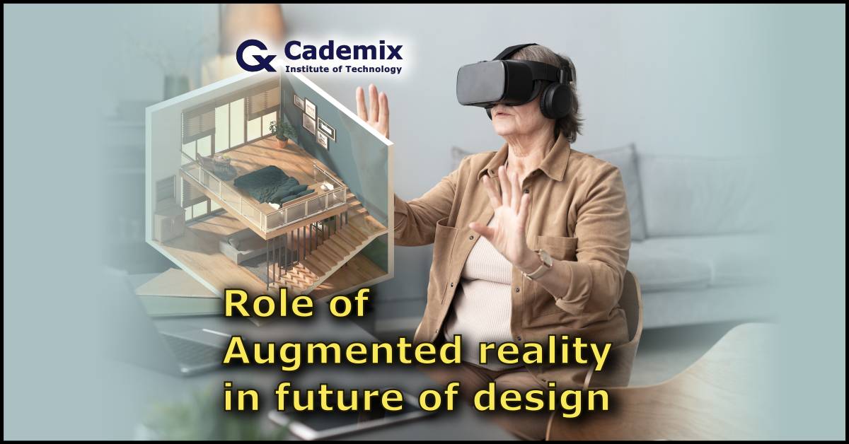 An old lady sitting on a chair and wearing a AR glass, which shows role of augmented reality in the future of design. Article by Samareh Ghaem Maghami