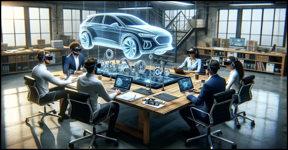 Designer colleagues are sitting around a table in a business meeting while wearing virtual reality glasses and deciding together to design a car.