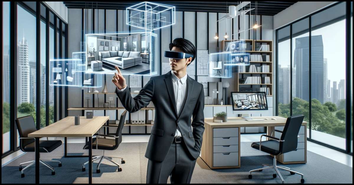 An East Asian man examines the design details of a building while wearing virtual reality glasses. Article written by Samareh Ghaem Maghami