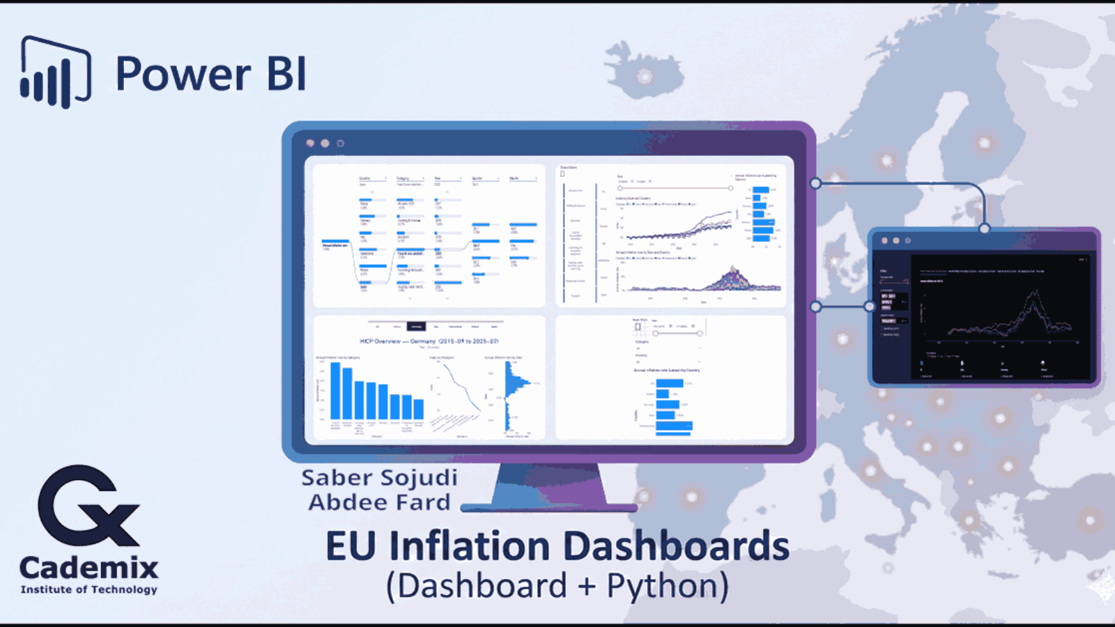 Cover graphic showing the Power BI dashboard and Streamlit companion app over a map of Europe.