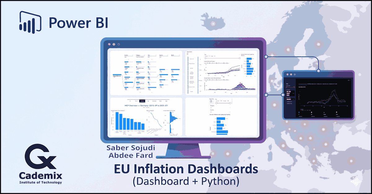 Cover graphic showing the Power BI dashboard and Streamlit companion app over a map of Europe.