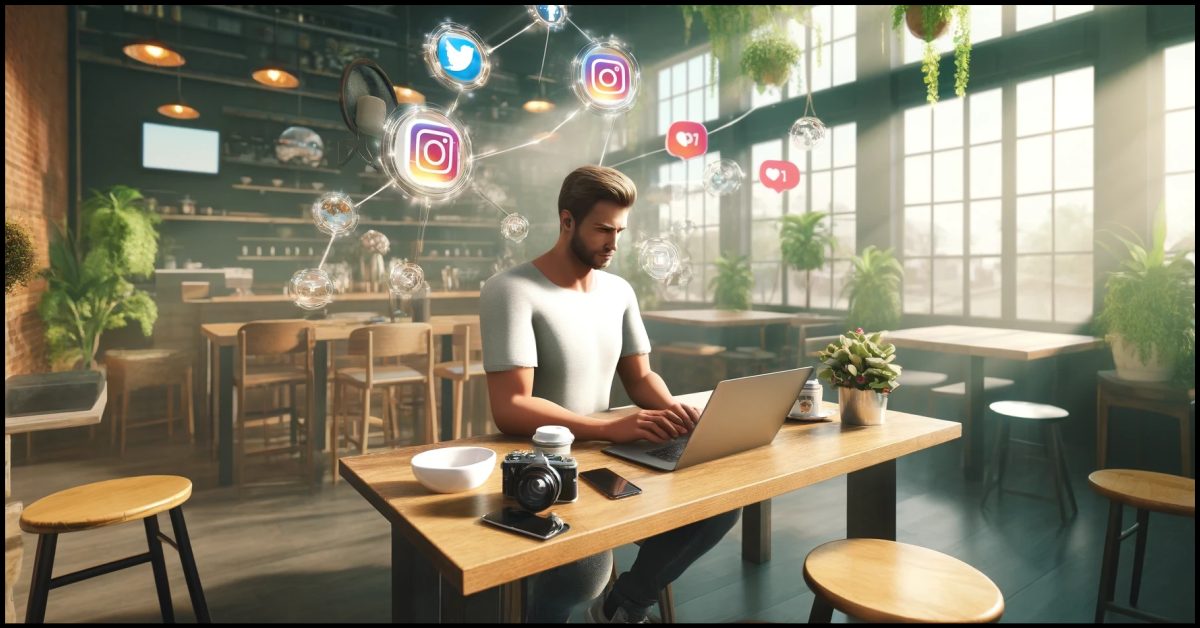This image showing a social media influencer with a normal physique, dressed in casual clothes, working in a modern coffee shop setting. By Samareh Ghaem Maghami, Cademix Magazine