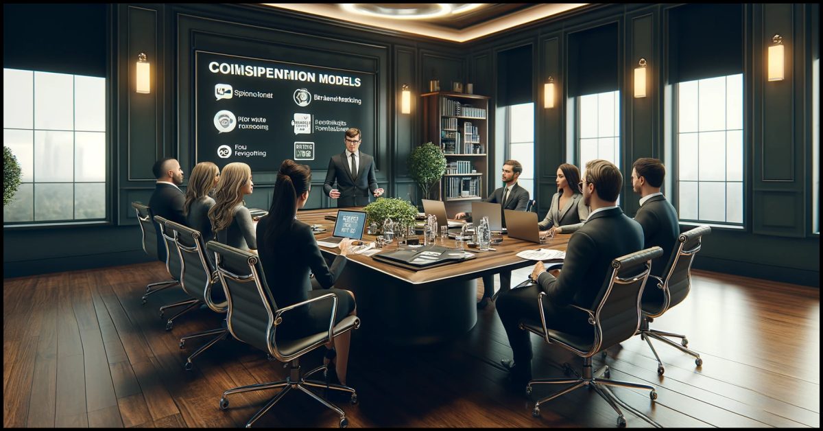 A social media influencer negotiating brand deals in a sophisticated conference room. This setting highlights the professional aspects of influencer compensation models such as sponsored content, affiliate marketing, and product collaborations. By Samareh Ghaem Maghami, Cademix Magazine