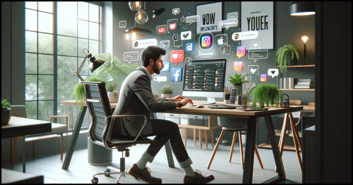 A social media influencer actively engaging with their followers in a modern, creative workspace. This scene captures the essence of how influencers maintain and grow their follower base through direct interaction and content creation. By Samareh Ghaem Maghami, Cademix Magazine