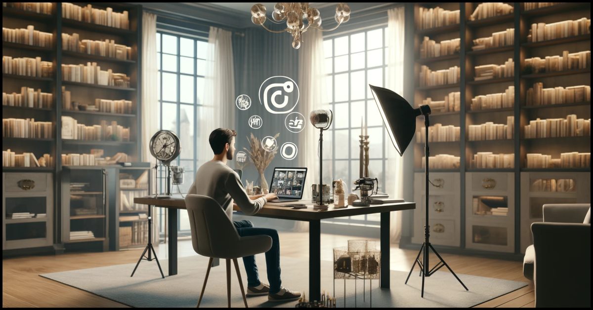 A social media influencer working in an upscale, modern home office. This setting provides a sophisticated and inspiring environment for content creation. By Samareh Ghaem Maghami, Cademix Magazine.
