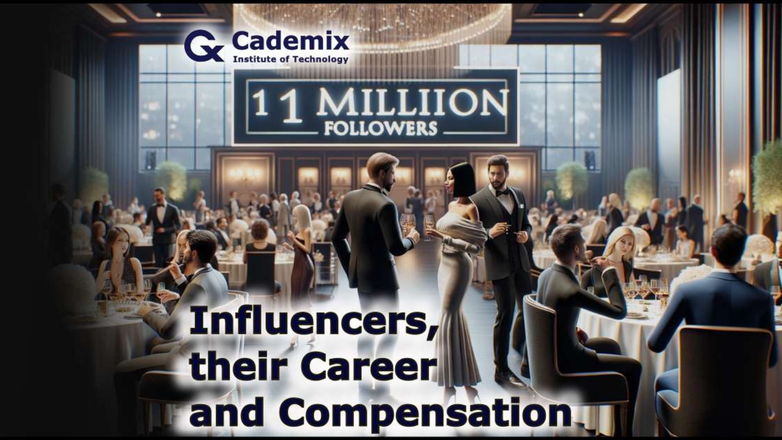 A high-profile social media influencer at a luxury event, engaging with guests in a setting that emphasizes their status as an influencer with over 1 million followers. By Samareh Ghaem Maghami, Cademix Magazine