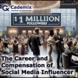 A high-profile social media influencer at a luxury event, engaging with guests in a setting that emphasizes their status as an influencer with over 1 million followers. By Samareh Ghaem Maghami, Cademix Magazine