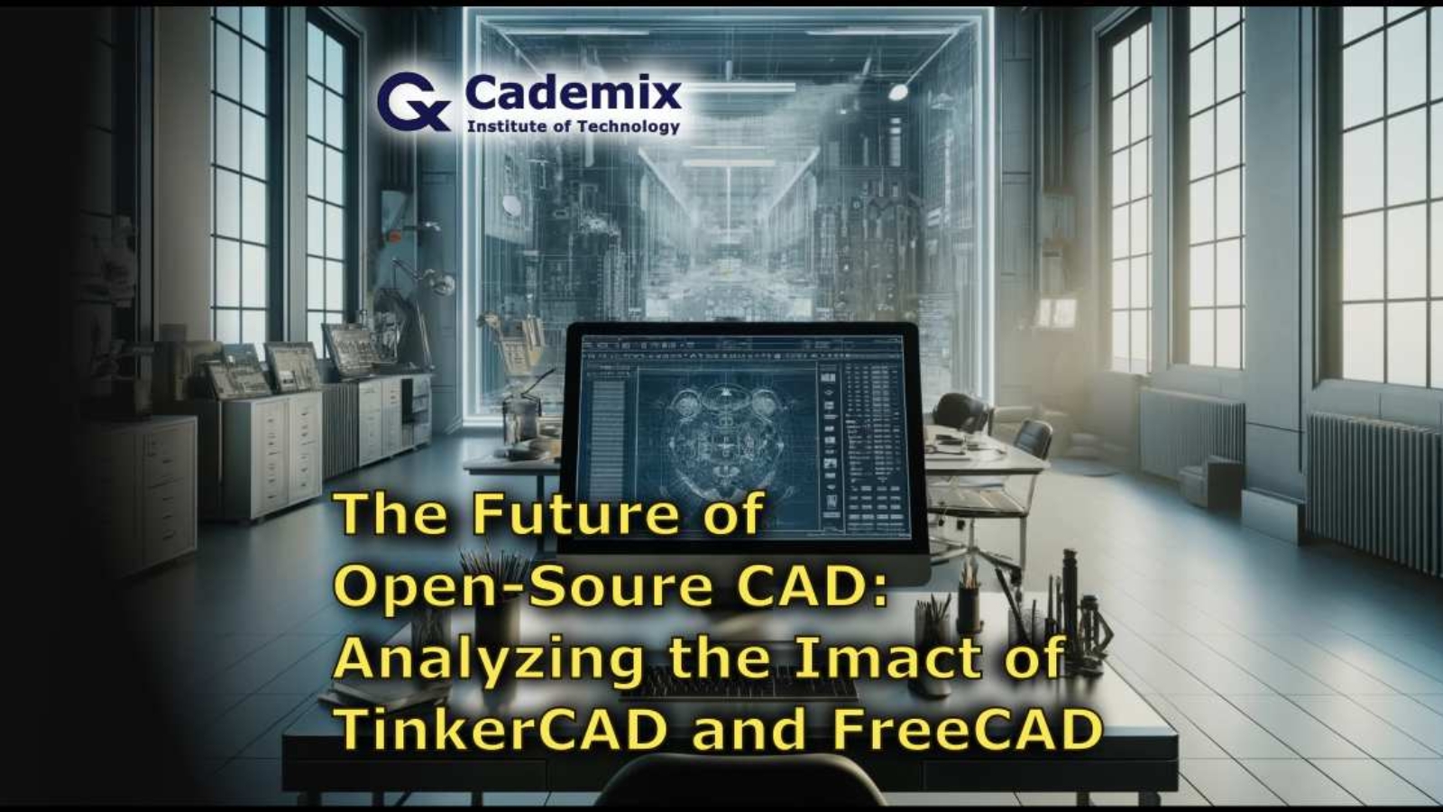 A horizontal full HD image of a futuristic CAD design studio, featuring a large monitor with complex CAD software interface, high-tech gadgets and tools