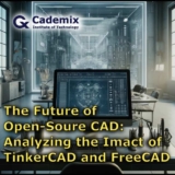 A horizontal full HD image of a futuristic CAD design studio, featuring a large monitor with complex CAD software interface, high-tech gadgets and tools