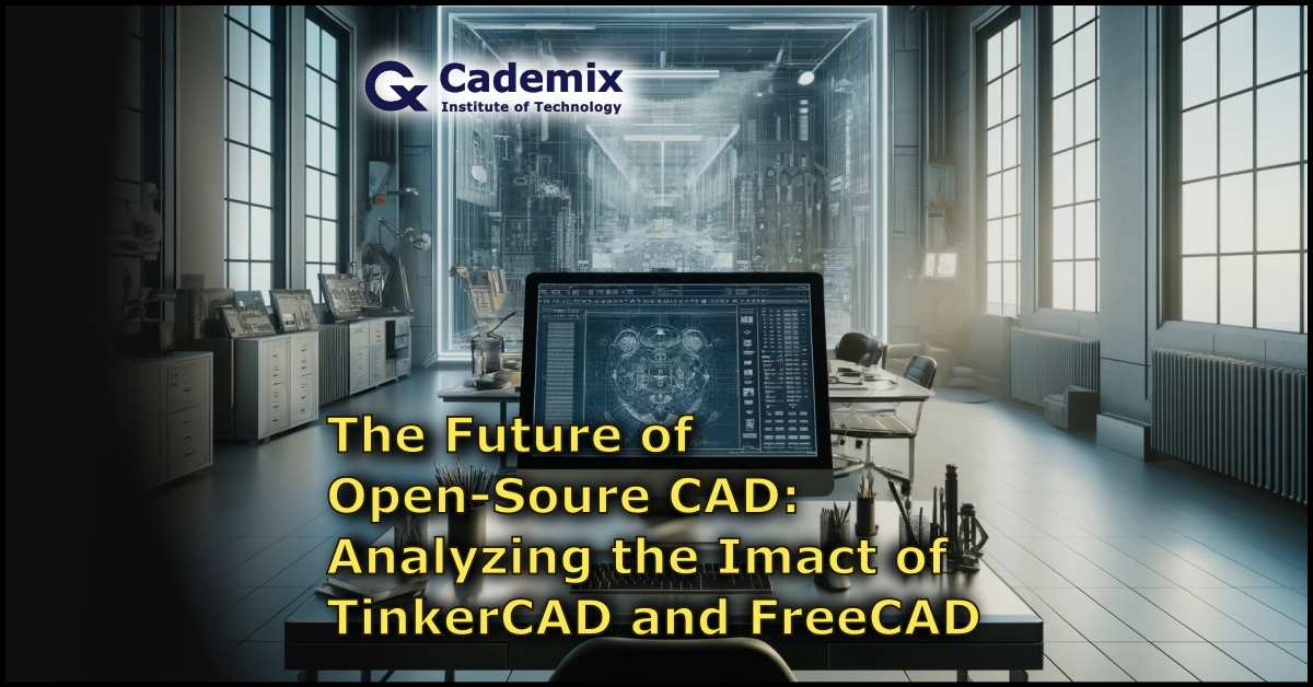 A horizontal full HD image of a futuristic CAD design studio, featuring a large monitor with complex CAD software interface, high-tech gadgets and tools