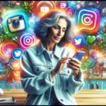 The scene is set in a kitchen but enhanced with artistic elements like colorful lighting and modern decor, featuring a middle-aged Middle Eastern woman stylishly engaging with her smartphone.