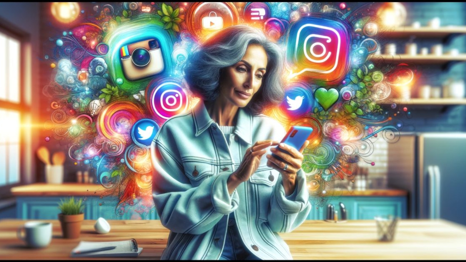The scene is set in a kitchen but enhanced with artistic elements like colorful lighting and modern decor, featuring a middle-aged Middle Eastern woman stylishly engaging with her smartphone.