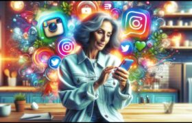 The scene is set in a kitchen but enhanced with artistic elements like colorful lighting and modern decor, featuring a middle-aged Middle Eastern woman stylishly engaging with her smartphone.