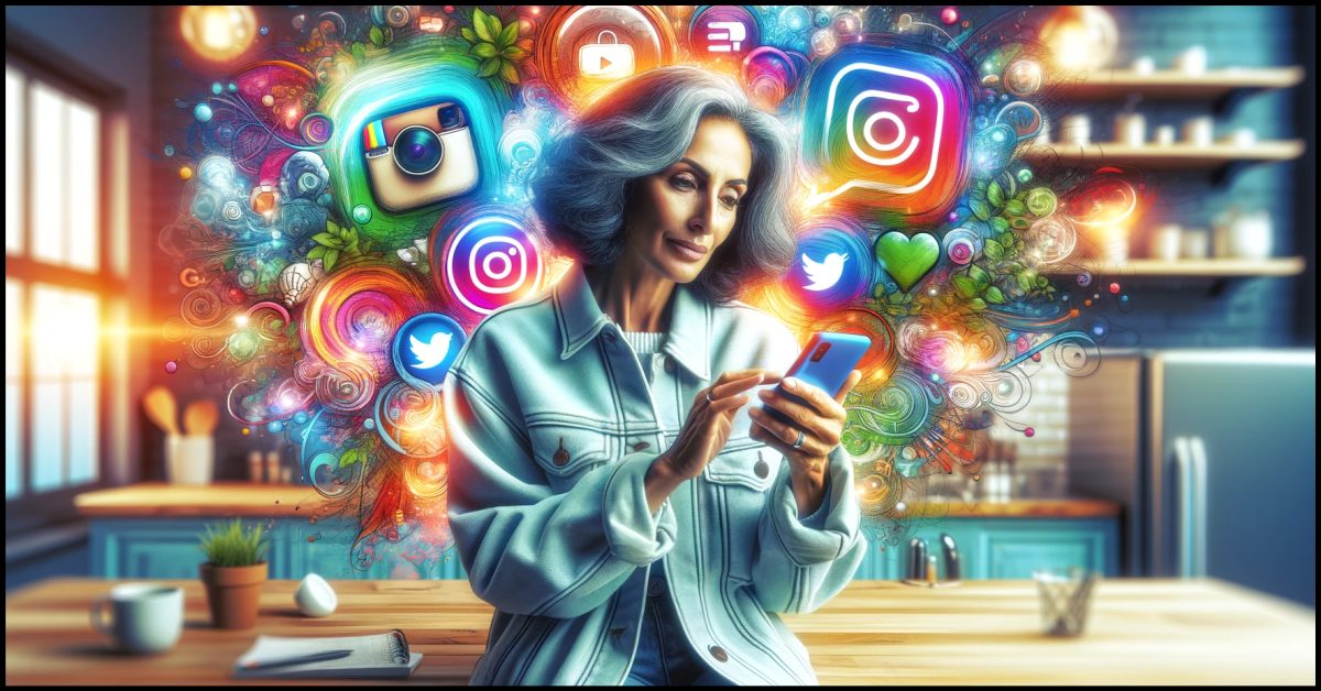 The scene is set in a kitchen but enhanced with artistic elements like colorful lighting and modern decor, featuring a middle-aged Middle Eastern woman stylishly engaging with her smartphone.