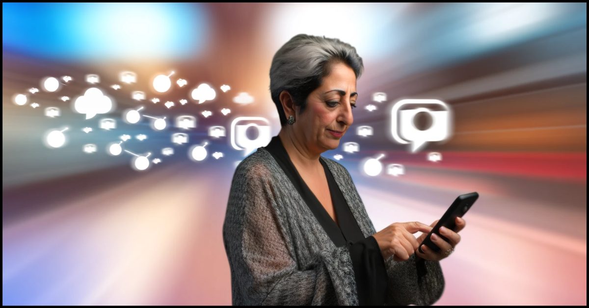 The image features a middle-aged Middle Eastern woman engaged deeply with her smartphone, set against a background subtly incorporating elements of digital communication and social media platforms.