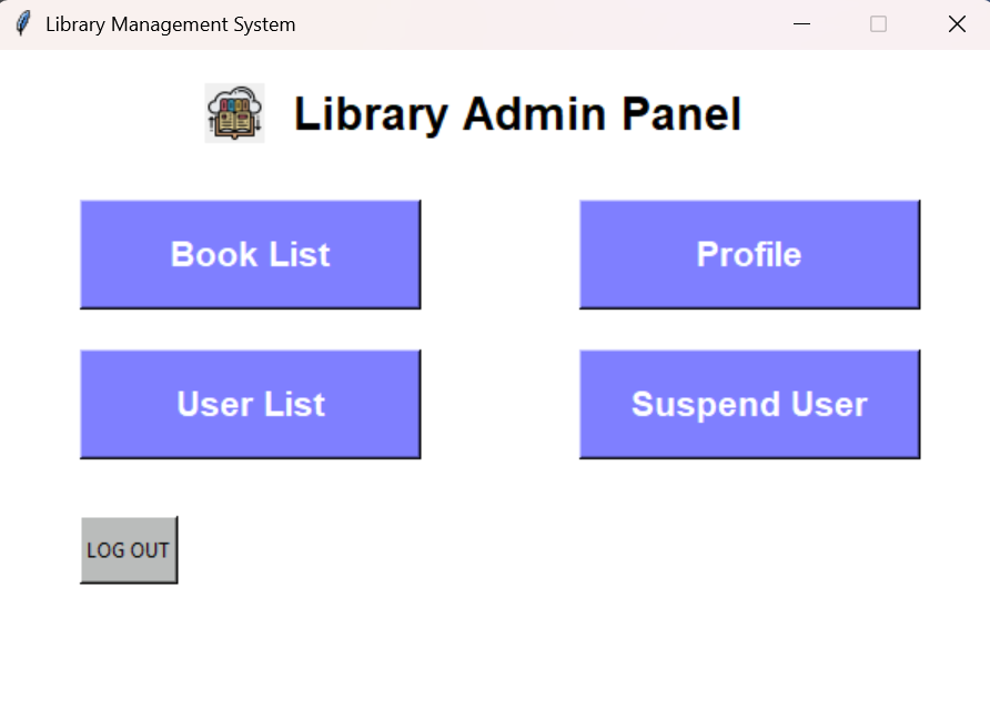 Admin panel with navigation to book list, profile, and user controls