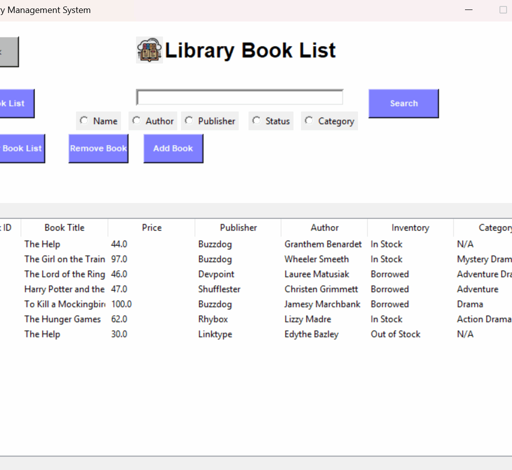 Book list view with search filters and inventory status table