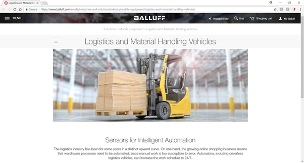 Balluf company Website Sensor for intelligent automation Logistics Material handling